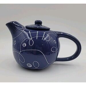 VTG Evandale Teapot Blue Lustre Polka Dot Swirl Lines Tea Pot w/ Lid